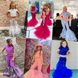 Two Pieces Girl Pageant Dress 2023 Sequin Velvet Pants Organza Bell Bottoms Little Kid Birthday Cap Sleeves High Neck Formal Party Wear Gown Infant Toddler Teens