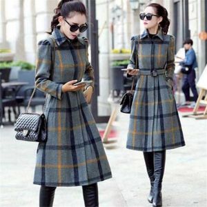 Women's Wool Blends Fashion Classic Ol Style Fall Winter Plaid Belted Trench Coat Single-Breasted Long Sleeve Overcoat For Women 3XL Plus