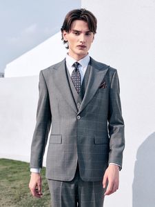 Ternos masculinos Men Set 70% Wool 2023 Verão Autumn Blazer Vest Crey Cinza xadrez Slim Fit Smetle Basted Wedding Groom Wear 60a 46a