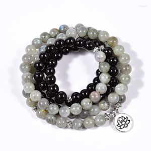 Strand Stone Natural Onyx Black com um Labradorita 108 Mala Charm Pinglelet Pinglelet Yoga Meditation Jewelry