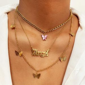 Pendanthalsband 2021 Vintage Multilayer Acrylic Butterfly Choker Halsband Fashion Women Letter Golden Chain Layed Necklace Jewelry Party Gift Z0417