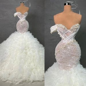 Sleeveless One Shoulder Lace Mermaid Wedding Dress with Beaded Pearls and Ruffles