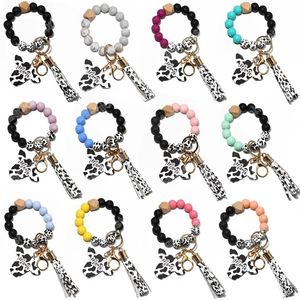 Cow Keychains Custom Silicone Beads Leather Tassel Cute Cow Wood Bull Wooden Bead Bracelet Silicone Wristlet Keychain with mom print