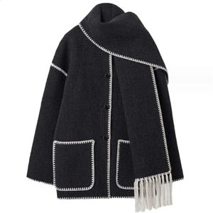 Women's Wool Blends Women autumn and winter fashion woolen coat thickened loose belt scarf tassel woman 231116