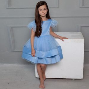 Girl Dresses Sky Blue Flower For Weddings 2023 A-Line Short Sleeve Above Knee Feathers Bow Back Tulle Wedding Party Dress