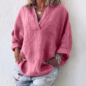Camicette da donna Primavera Casual Donna Tinta unita T-shirt manica lunga con scollo a V taglie forti Top ampio