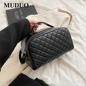 Cosmetic Bags Muduo High Quality Grid Makeup Bag Leather Women Large Travel Storage Double Zipper Black Toiletry Designer 230417