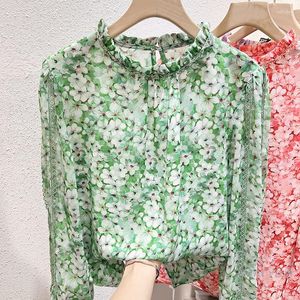 Женские блузки напечатанные шифон и рубашки для женщин Пуловер Топ 2023 Свободный воротник с длинным рукавом блуз весенний лето