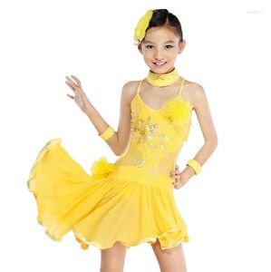 Scenkläder 2023 Yellow/Black Girl Standard Competition Latin Dance Dress Kids Asymmetrical Salsa kjolar 4-15 Y BARN DIAMAND SEXY COSTUME