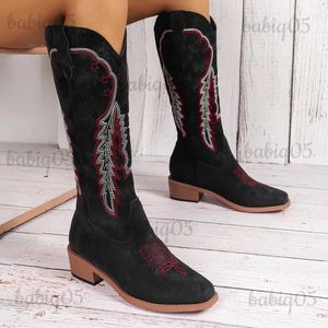 Stiefel 2024 Naturbestickte Damenstiefel Neue handgemachte spitze Zehenkeile Herbst Winter Lange Stiefel Cowboy Western Retro Botas Gothic T231117