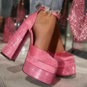 Sapatos de vestido Mulheres Rhinstone Bombas Moda Plataforma Sapatos de Salto Alto Salto Chunky Ankle Strap Brand New 2023 Mulher Na Moda Preto Vermelho T231117