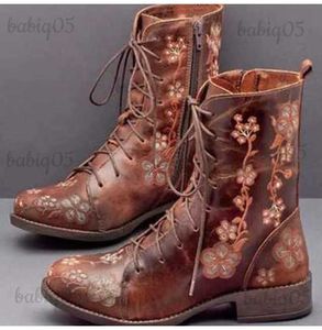 Boots Woman Ankle Boots Brodery Big Size 43 Flower Boots 2020 Women Autumn Winter Lace Up Pu Leather Female Footwear Ladies Shoes T231117