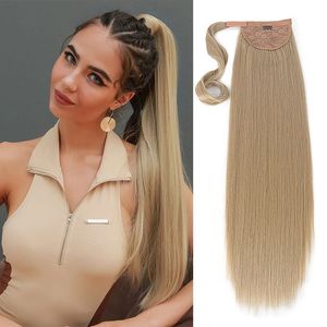 28inches Synthetic Ponytail Hair Extension Clip in Fake Hairpiece Blonde Wrap Around Pigtail Long Smooth Overhead Pony Tail