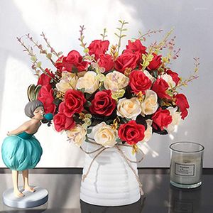 Flores decorativas 12 cabeças de flor artificial rosa vermelha rosa eucalipto folhas peony buquê falso para mesa de casamento vaso de festa decoração de casa decoração