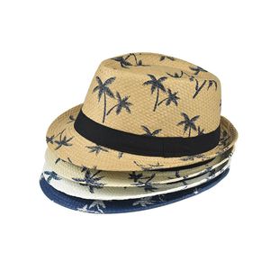 Moda Adulti Bambini Cappelli Jazz di paglia Uomo Bambini Ragazzi Moda Cappelli secchiello di paglia Albero di cocco Stampato Estate Spiaggia Visiera parasole Berretto da pesca Blu Beige Cachi Bianco