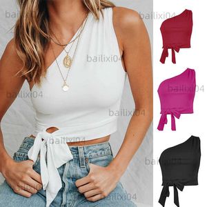 Women's Tanks Camis 2023 One Shoulder Summer Sexy Club Crop Top Sleeveless Women Sexy T Shirt White Black Skinny Lace Up Bandage Tank Top Casual T230417