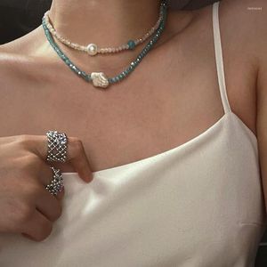 Zincirler Çift katmanlı kristal gerdanlık kolye kadınlar#39; s turkuaz inci klavikula zinciri boncuklu yakalar sokak kıyafetleri bijoux femme