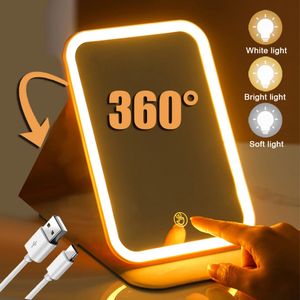 Kompakta speglar Portable Folding LED Mirror 360 sovrum tobell skrivbord reser speglar sminkverktyg för kvinnor utgör miroir med belysning 231116