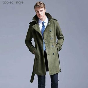 Herrgravrockar Nya minimalistiska England Fashion Suede Trench Men's Double Breasted Slim Coat Men Solid Color Long Windbreaker 5xl 6xl Jacket Q231118