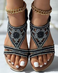 Sandaler Kvinnor Rhinestone Tribal Floral Mönster Summer Beach Böhmen Sheos Gladiato Ladies Crystal Flat Peep Toe