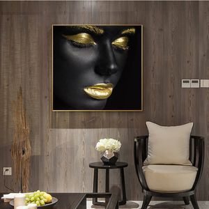 African Art Picture Gold and Black Women Contemplator Portrait Wall Art Canvas Paintings Posters Prints Paintings for Home Decor