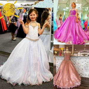 2023 Girls Pageant Dresses unicorn Plus Size Zipper Halter Neck Real-Picture Beading Organza Little Girl Birthday Junior Prom Gown Crystal AB Stones Rose-Gold Orchid
