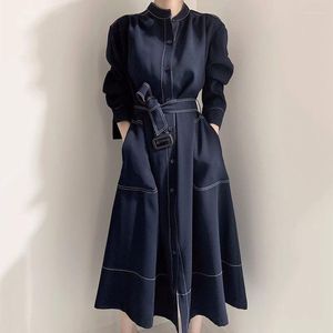 Lässige Kleider Koreanischer Chic Minimalistisch Elegant Stehkragen Offene Linie Einreiher Lose Träger Windjacke Stil Kleid Lang Vestidos Z959