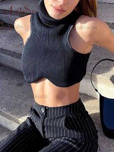 Kvinnors tankar Camis Artsu Y2K Black Stick Turtleneck Crop Top Women Sexig oregelbundenhet Skinny Elasticity Tank Top Fashion Club Top Streetwear T230417