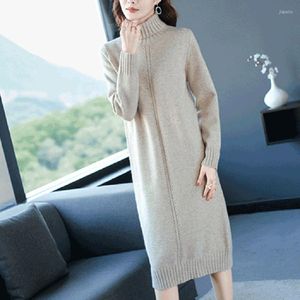 Casual Dresses Women 2023 Autumn Winter Mid-Long Sticke Dress Female Solid Color Bottoming Ladies Turtleneck Sweater Vestidos V609