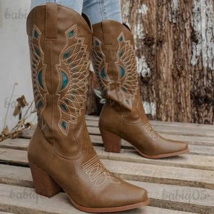 Bottes Cowboy bottes occidentales marron 2024 nouvelle botte de cow-girl Punk Cool pour femmes bottes pointues mi-mollet broderie bottes à talons épais T231117