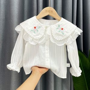 Camisas de garotas Longsleeved White Bordado Bordado Camisa Criança Criança menina Falto Crianças Roupas de outono para crianças meninas Blush Girl 230417