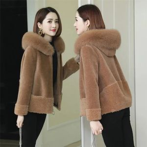 Women's Fur Faux Fur Imitation Fur Coat Female Sheep Cashmere Autumn and Winter Korean Coat Short Fox Fur Collar Hooded Jacket Women Fashion Overcoat 231117