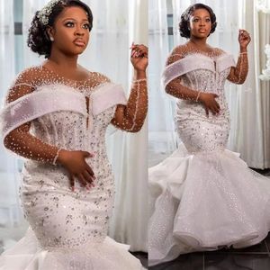 2024 Luxury Crystals Beaded Mermaid Wedding Dresses långa ärmar Sparkle paljetter avtagbart kapellträning afrikanska brudklänningar korsett plus storlek brudklänning