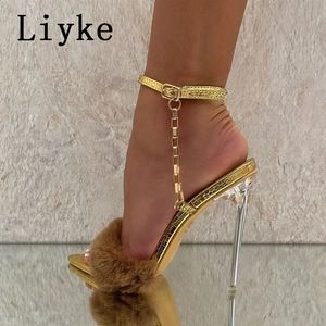 Dress Shoes Liyke Women Sexy Sandals Transparent High Heels Ladies Fashion Fluffy Pointed Toe Buckle Strap Party Shoes Silver 231116