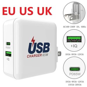 65W Fast Charging Dobra UE UK PD PD Rápido Adaptador de energia Carregador de parede para iPhone 12 13 14 Samsung Huawei PC MacBook Smartphone com caixa