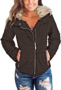 Winter Jacket Women Casual Faux Fur Lapel Zip Pockets Quilted Parka Jacket Puffer Coat 5QQBSTQMF