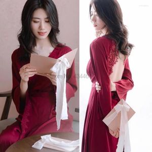 Women's Sleepwear Backless Long Wedding Kimono Robe Gown With Bow Lace Bathrobe Women Sexy Nightgown Summer Bridal Nightwear Lingeri