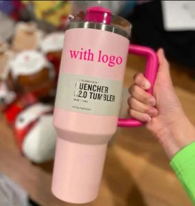 PINK Flamingo 40oz Quencher H2.0 Mugs Cups camping travel Car cup Stainless Steel Tumblers Cups with Silicone handle Valentine's Day Gift With 1:1 Same Logo 1117