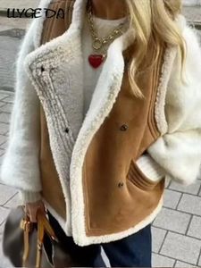 Womens Vests Elegant Warm Fur Faux Leather Waistcoat Women Fashion Sleeveless Pockets Thick Jackets Female Winter Turn Down Collar 231116