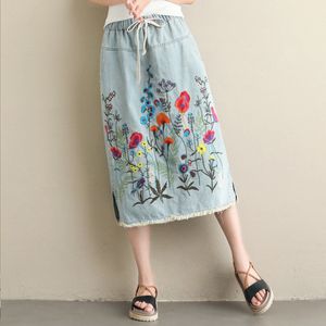 Kjolar vintage broderad denim kjol stor storlek kvinnor koreanska modekläder lösa kjolar avslappnade elastiska midja jeans saia f1209 230417