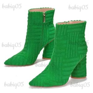 Stövlar 2023 Märkesdesign Spring Autumn Ladies Ankle Boots Green Point Toe Roman Boots Denim Square Heel Side Zipper Sexiga Women Boots T231117