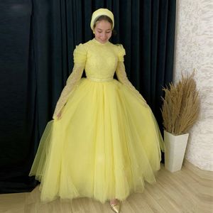 Vintage Yellow Muslim Prom Dresses Jewel Neck Sequin Formal Party Gown Long Sleeve Floor Length Kafan Vestidos De Soiree 326 326