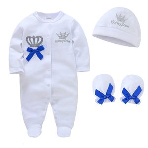 Rompers Born Baby Boys Romper Royal Crown Prince 100 Cotton Clothing Zestaw z rękawiczkami czapki niemowlę Sleeps 231117