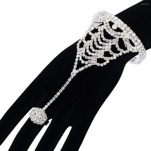 Braccialetto di lusso con polsino in cristallo con strass in vetro con anelli per le dita Accessori da sposa per ornamento a mano