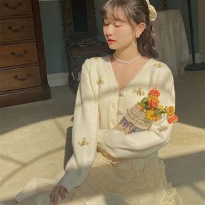 Swetry damskie S-2xl haft haft w szpic eleganckie kardigany kobiety Koreańskie modne sweter wiosenny top z długim rękawem kawaii ubrania 231117