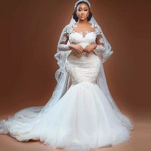 2023 Arabic White Mermaid Wedding Dresses long Train gillter Beaded Crystals illusion long sleeve Bridal Gowns turkish wed dress new lace plus size Vestidos de novia