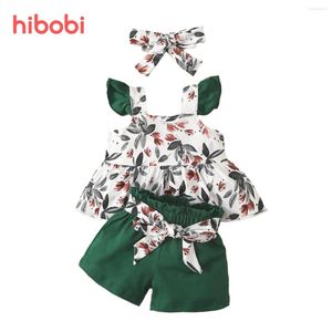 Set di abbigliamento Hibobi Vestiti per bambina Dolce floreale con maniche a volant Top Pantaloncini in tinta unita con fascia per 0-18 mesi Fiore per ragazze