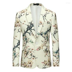 メンズスーツ韓国のスリムフィットビジネスカジュアルスーツジャケットオスの植物植物プリントリンガーMCホストドレス2023プラスサイズのコート
