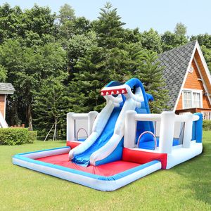 Wasserpark Hüpfburg mit Rutsche, Pool, aufblasbarer Hai-Rutschpark für Kinder, Hinterhof, Outdoor-Spielspaß im Garten, Spielzeug, kleine Geschenke, Geburtstagsparty-Spielzeug, Spielhaus