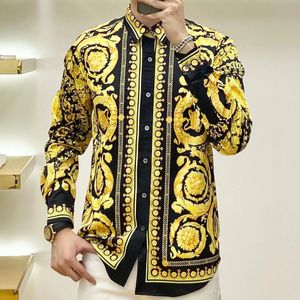 Men Casual Shirts Fashion Geometric Print Black Slim Fit Shirt Hawaii Style Business Long Sleeved Shirt